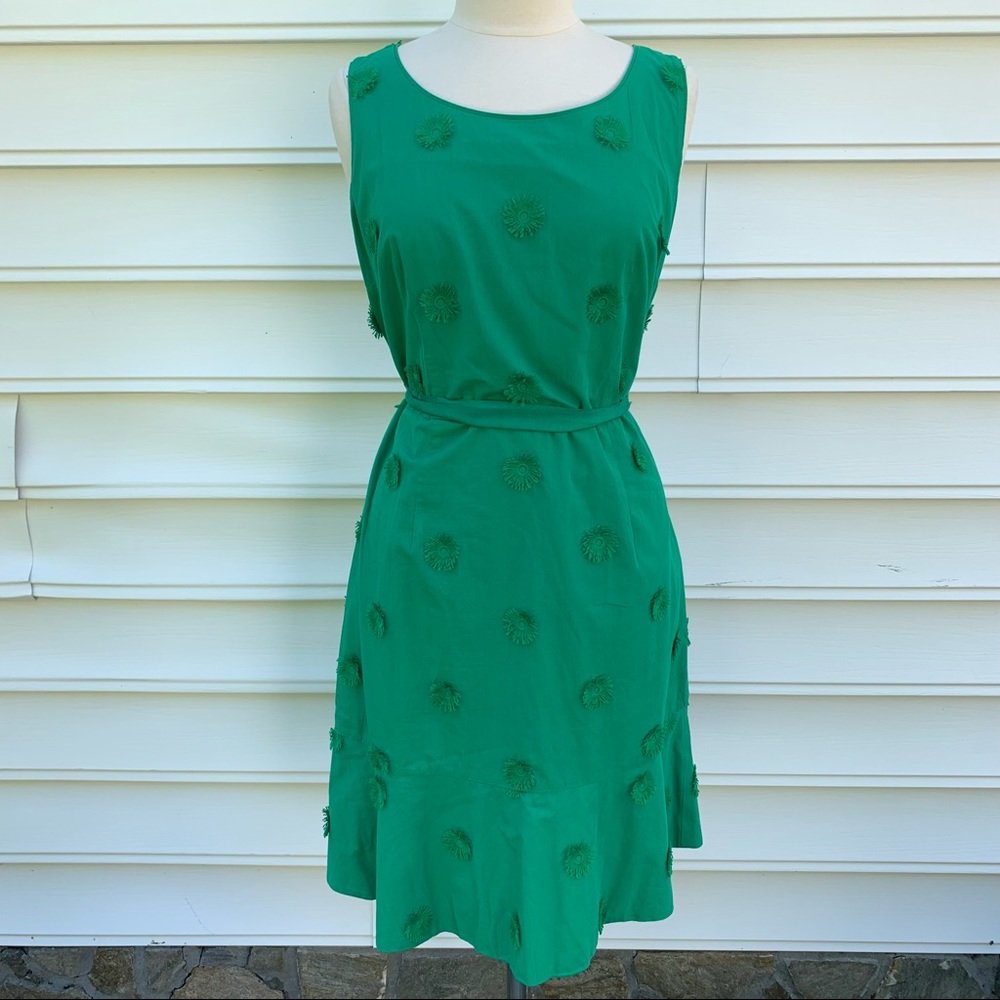 Talbots Size 12 Clover Green Flower Applique Fit and Flare Sleeveless Midi Dress